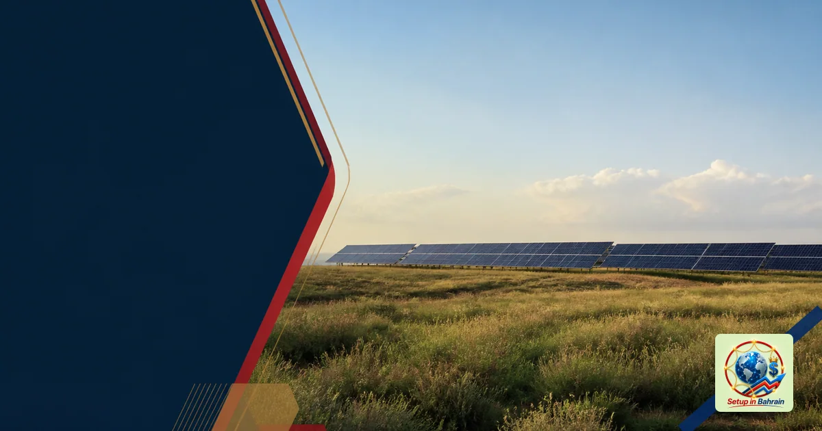 Unbranded editorial scene of a vast Cheyenne landscape with a distant solar farm on the horizon; left side shows a navy infor