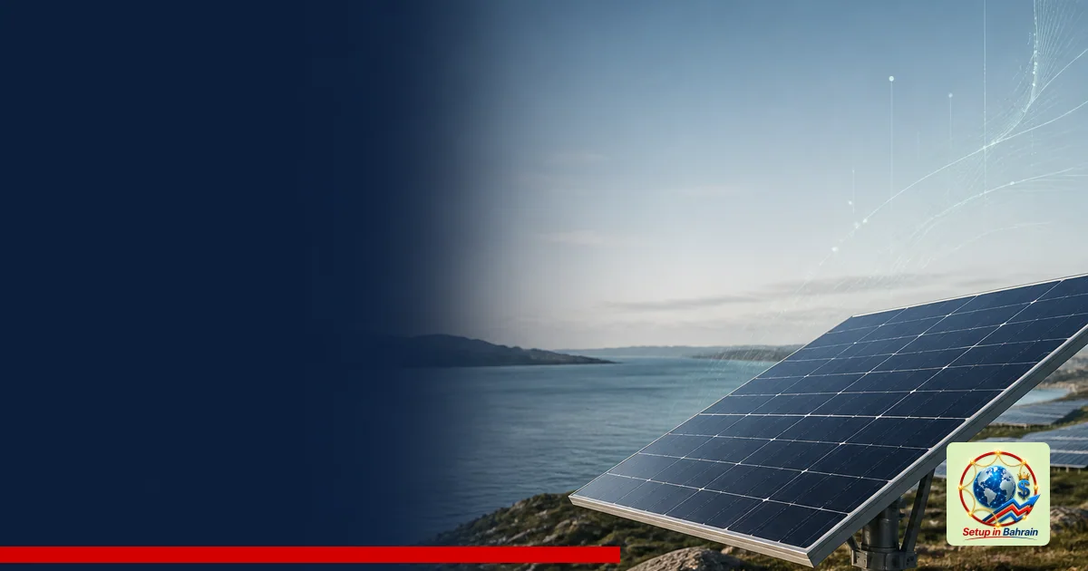 A clean editorial scene featuring a solar array in the foreground with a distant solar farm on the horizon, set against a pal