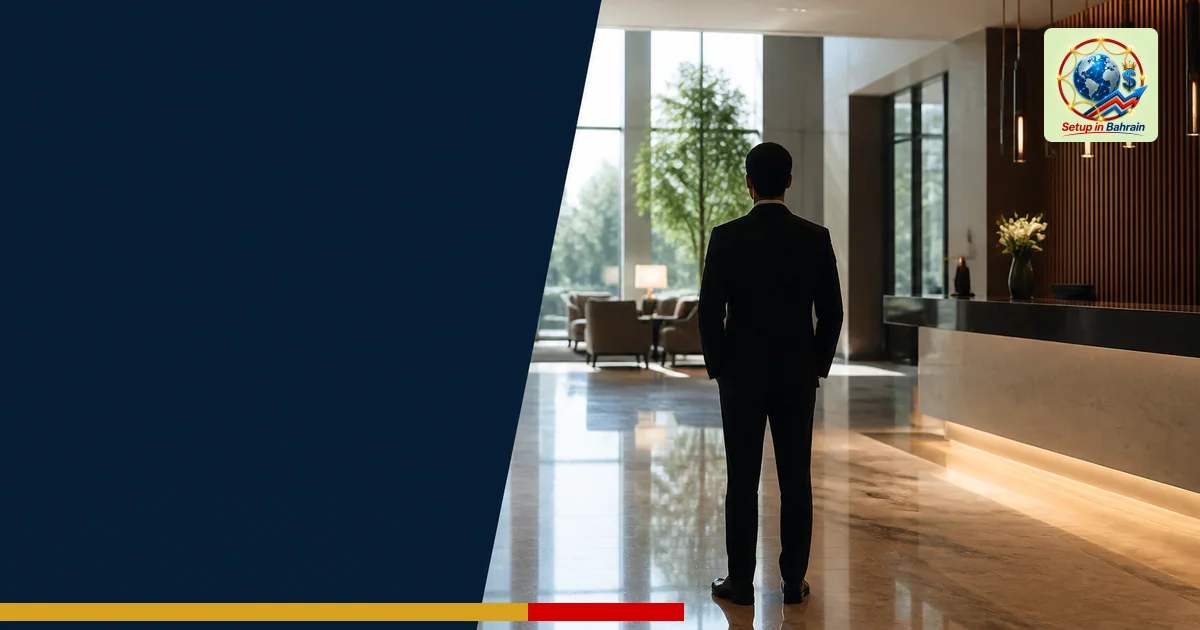 A sophisticated hotel lobby scene with a single abstract figure representing leadership, set to the left alongside a dark nav