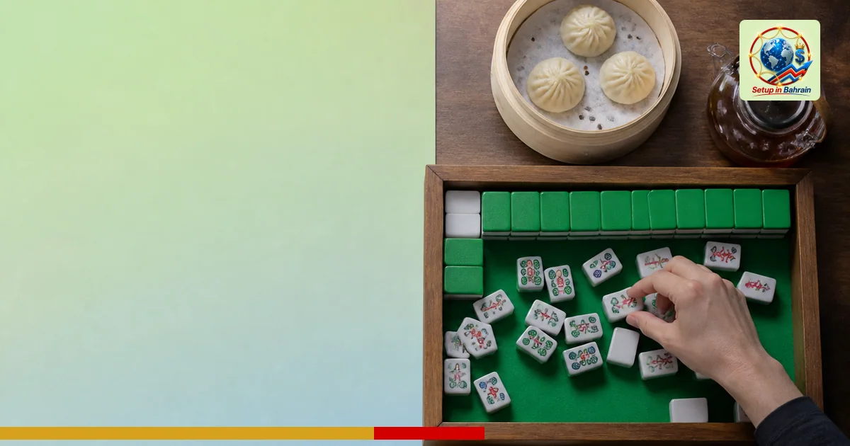 Editorial visual representing one concrete editorial subject illustrating Singapore F&B uses Mahjong and art fairs to draw di