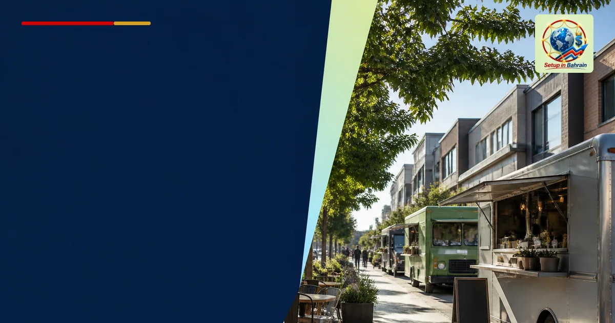 An unbranded editorial illustration showing a Georgetown-style street with modern storefront silhouettes and multiple food tr