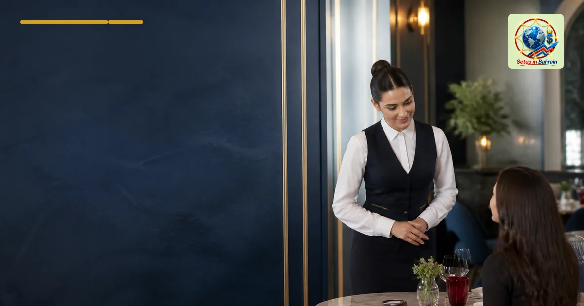 A modern restaurant scene showing a staff member responding to a table call using a wireless device; left side reserved for a