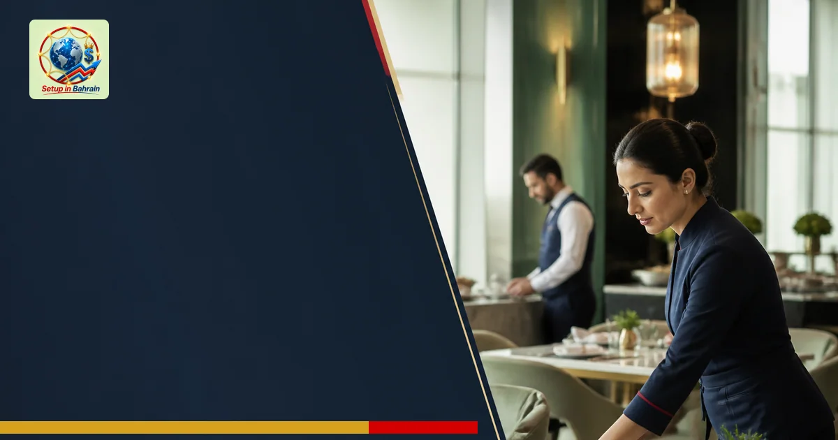 Editorial scene of a hospitality setting with a calm dining/service area on the right and a navy-toned information panel spac