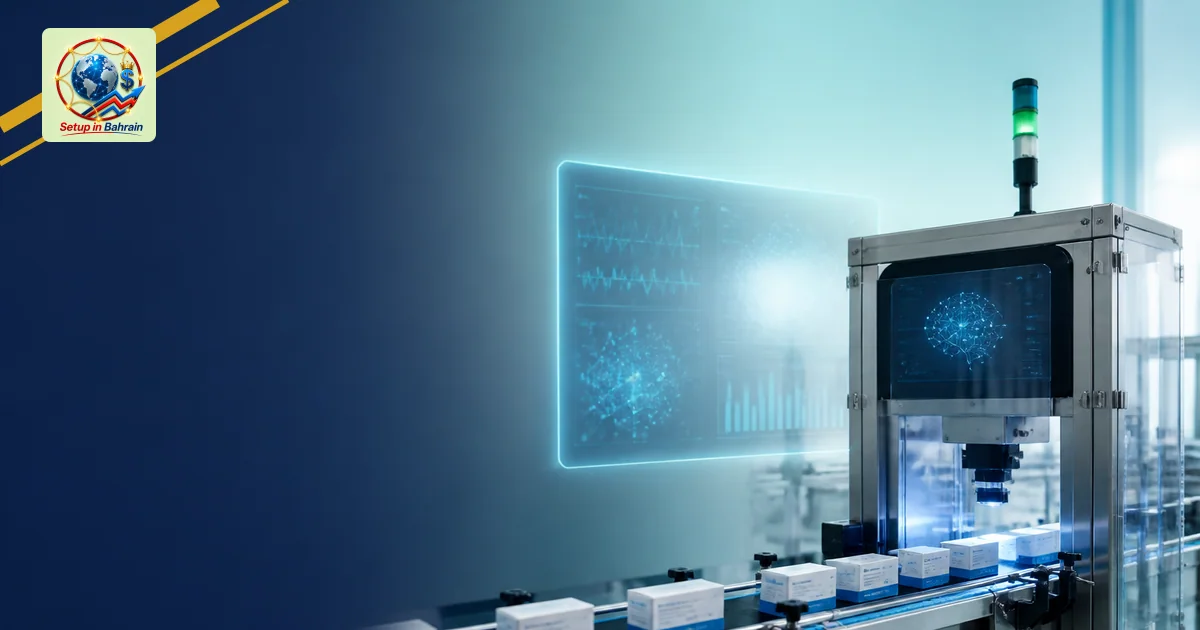 A pristine pharma packaging line in a cleanroom, with an automated inspection module verifying labels; a glowing display hint