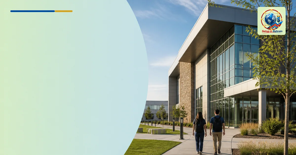 Exterior view of a modern health sciences education center on a campus, with a pale blue-green sky gradient. A prominent buil