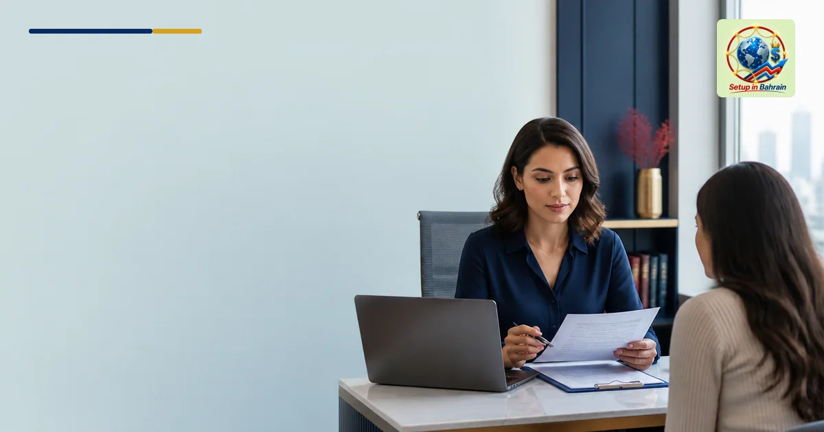A professional therapy office scene with a therapist and client seated across a desk. The therapist reviews billing paperwork