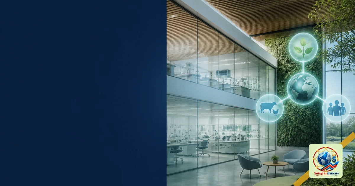 A clean, editorial-style scene depicting a conceptual interior of a One Health Research Institute with glass walls and abstra