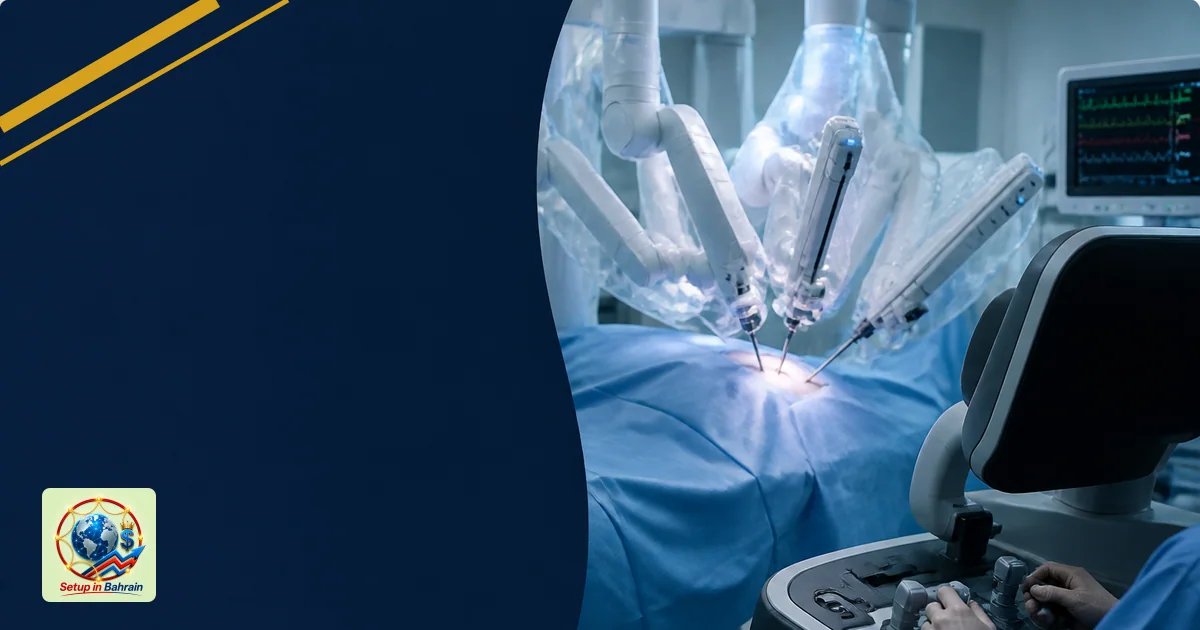 A surgeon operates robotic arms in a hospital operating room, with a partial view of a patient monitor; left side features a 