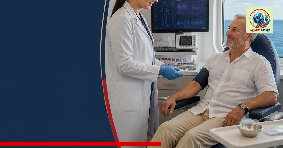 A premium editorial-style interior of a cruise ship medical center featuring a physician examining a guest for wellness testi