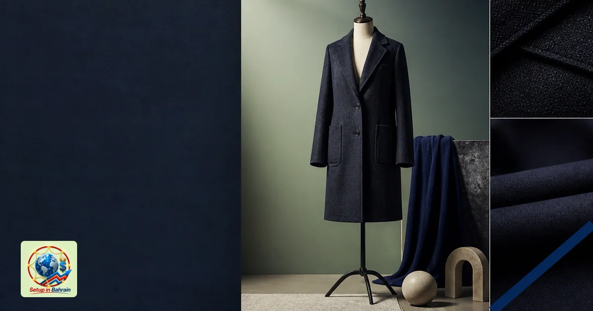 A minimalist editorial studio image featuring a single dress form with a tailored fall piece, fabric swatches, and a folded g