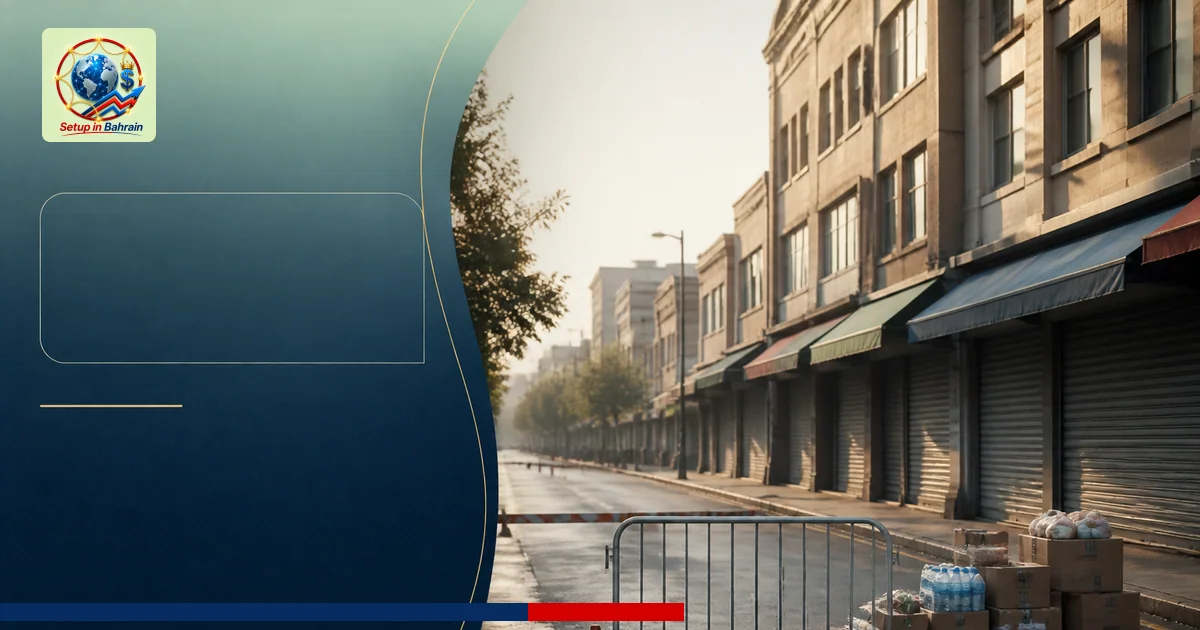 A calm, evacuated downtown street with closed storefronts and barrier tape; left side shows a navy information panel space; r