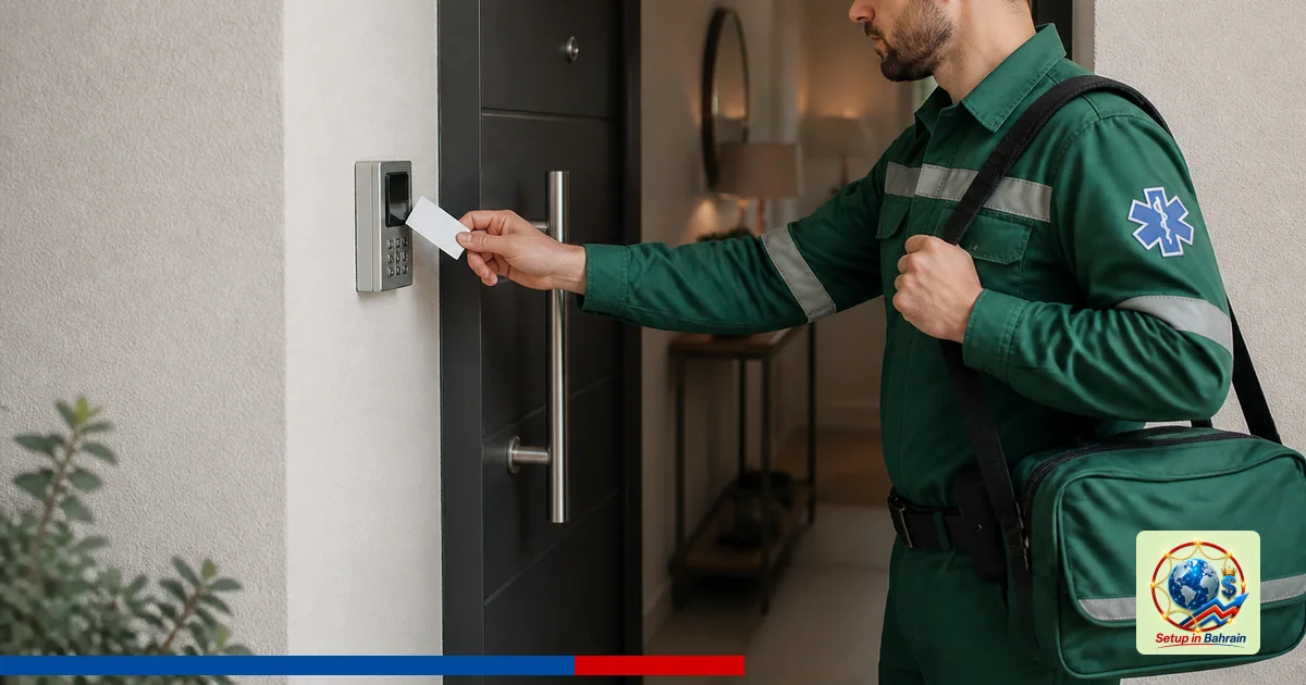 Editorial visual representing one concrete editorial subject illustrating Paramedic used ID card to access home and resuscita