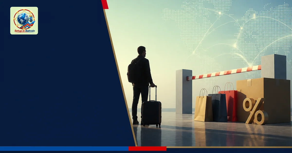 A minimal editorial cover scene with a single abstract traveler silhouette on the left and a bold navy information panel. The