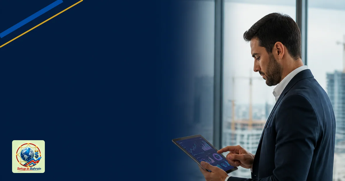 A single business professional sits at a clean modern desk, examining abstract AI dashboards on a tablet. A blurred cityscape