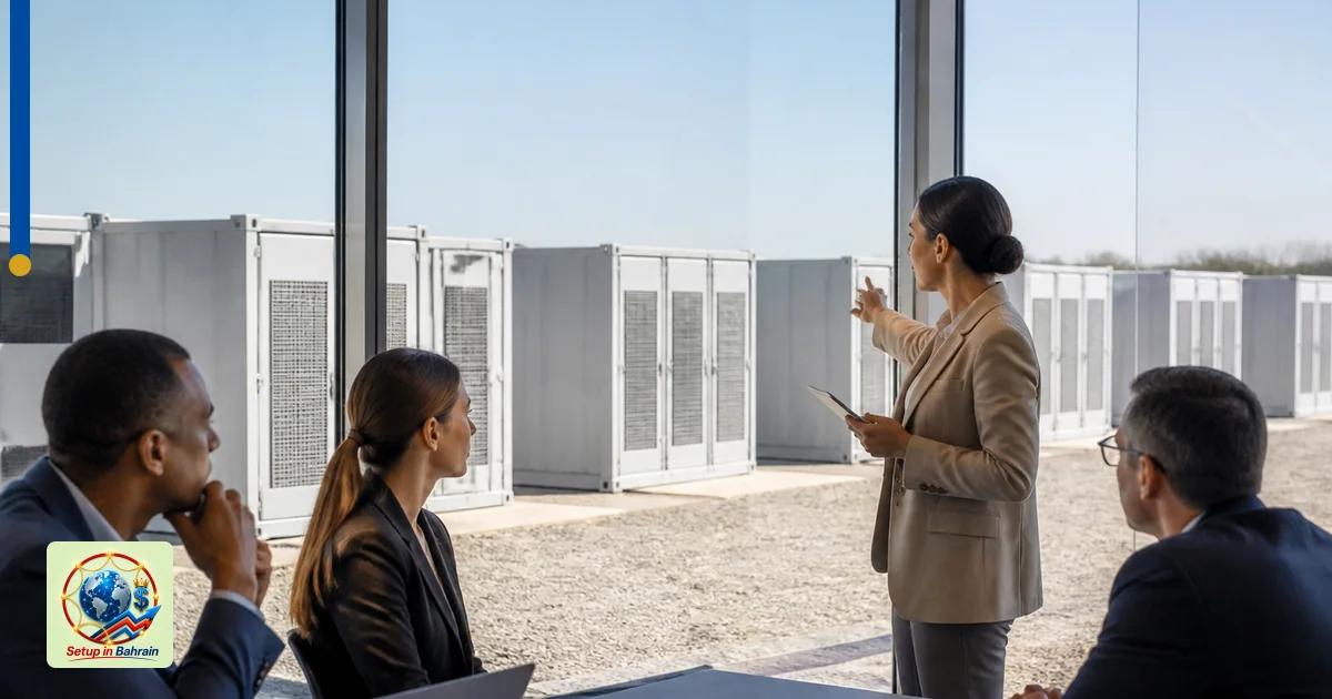 Unbranded editorial scene of a battery storage construction site with a crane and modular buildings, set against a pale blue-