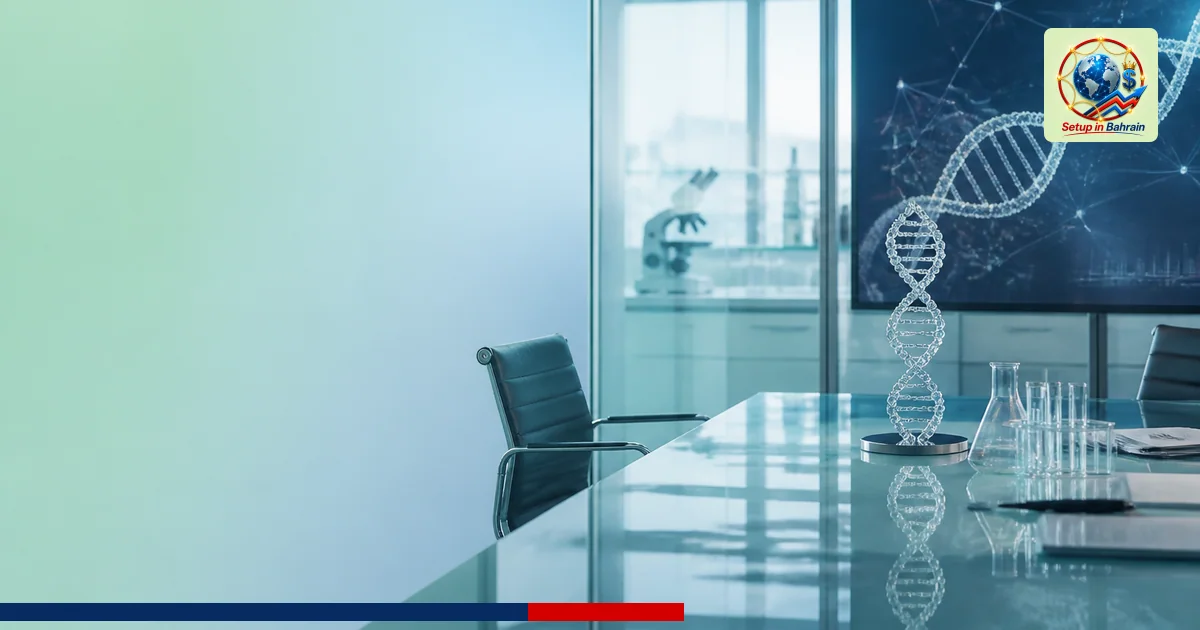 A clean, premium editorial scene for a Bahrain-business biotech IP dispute article: a modern lab-like space with a glass conf