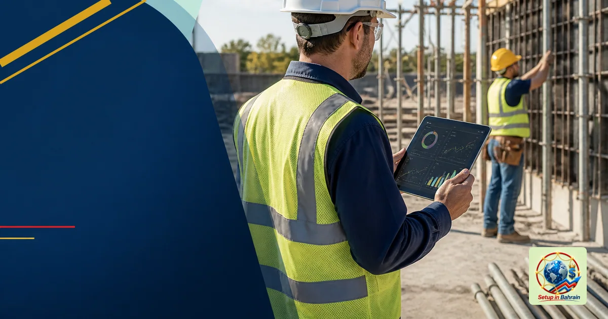 A construction site in daylight showing a supervisor with a tablet reviewing AI-generated scheduling and quality data while a