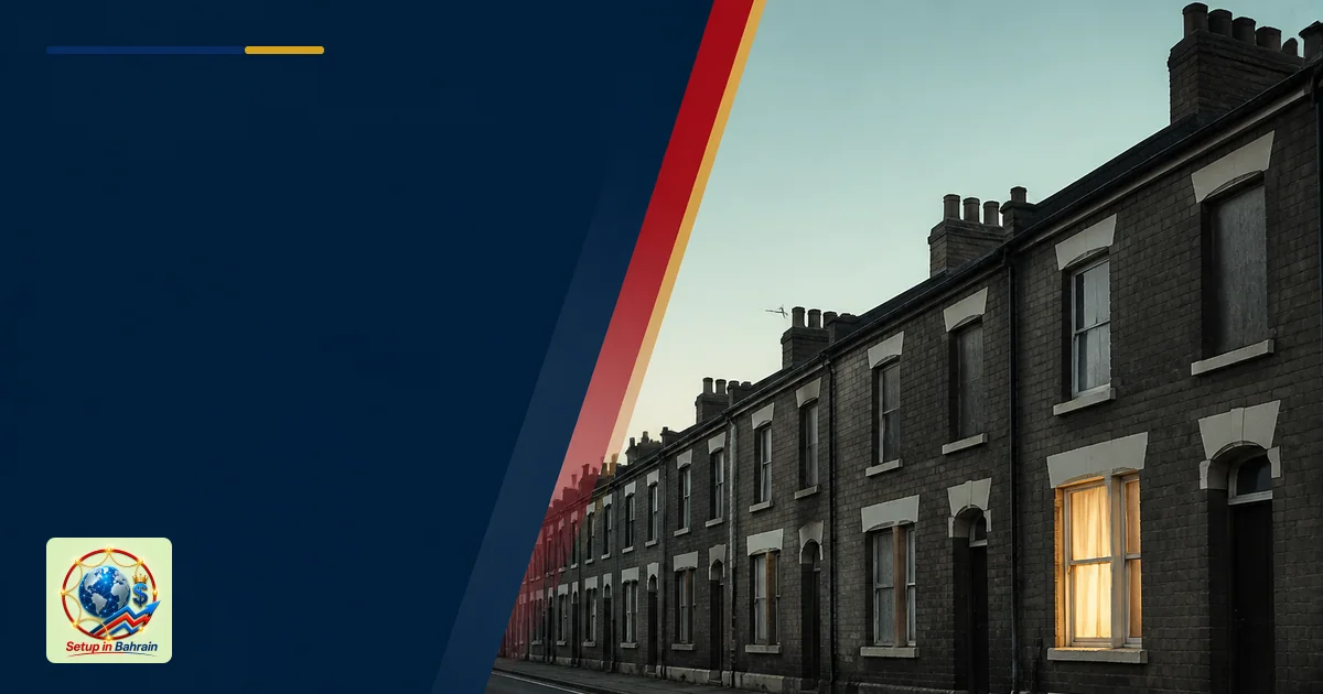 A clean editorial cover concept showing an empty UK residential street with one window softly lit, left-side navy information
