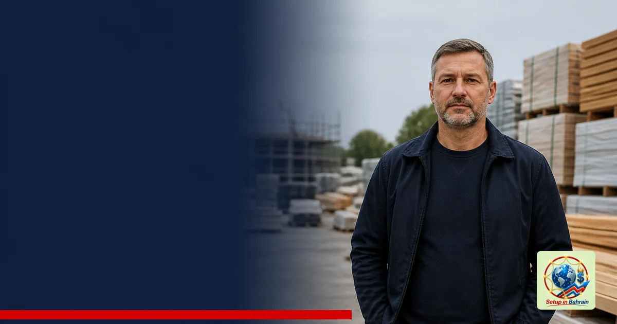 A lone construction materials foreman stands in a quiet UK building yard with stacks of timber and pallets; a distant, blurre