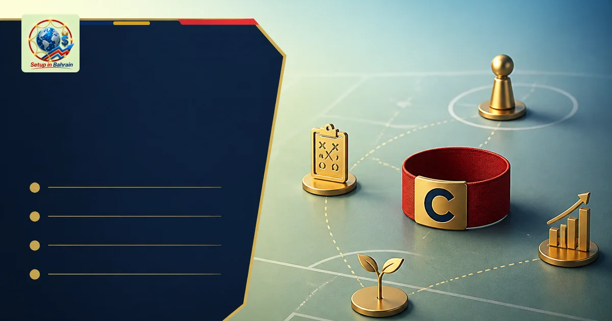 Editorial cover scene with a left navy information panel on a pale green-to-blue gradient background, symbolizing the captain