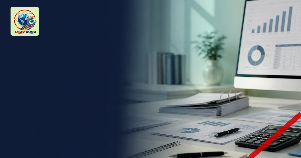 A clean, unbranded editorial office scene showing a desk with financial papers, a calculator, notebook and pen, and a compute