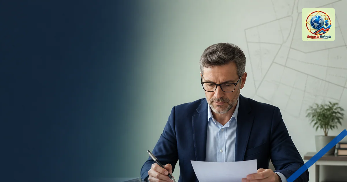 A single executor at a desk examines estate tax documents with a calculator nearby; an abstract land-parcel diagram sits to t