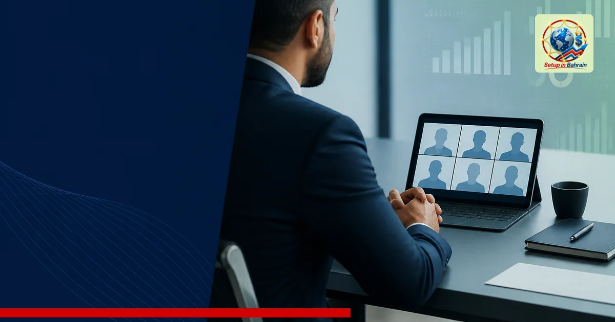 A modern office scene with a single professional viewing a conference-call interface on a tablet; left side shows space for a
