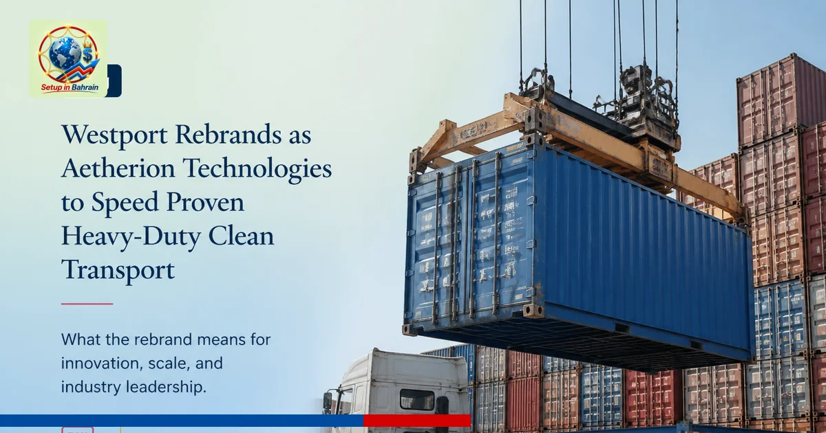 Editorial visual representing unbranded cargo shipping operations illustrating Westport rebrands as Aetherion Technologies to