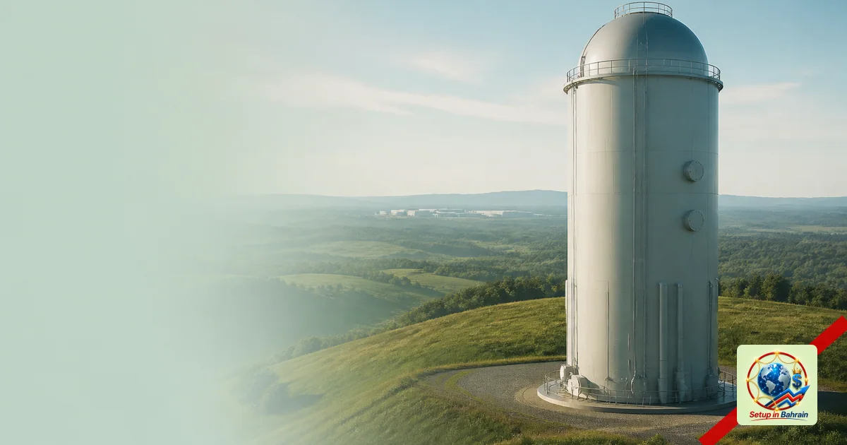 A solitary 120-foot mock reactor replica stands on a grassy hillside with subtle test equipment nearby; a distant low-profile