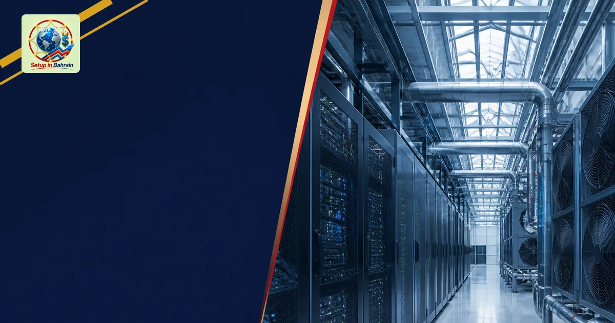 A clean, editorial-style scene showing AI infrastructure hardware: data-center racks and cooling equipment on the right, with