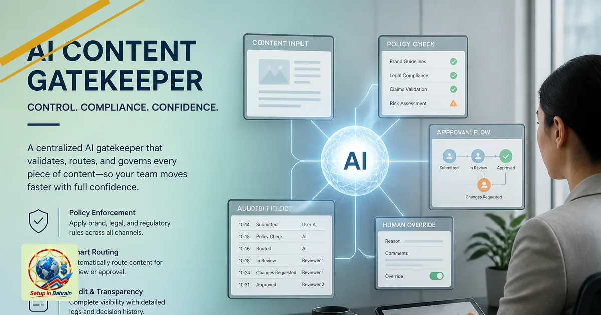 A premium editorial cover scene showing an abstract AI gatekeeper node linked to multiple screens in a Bahrain business-studi