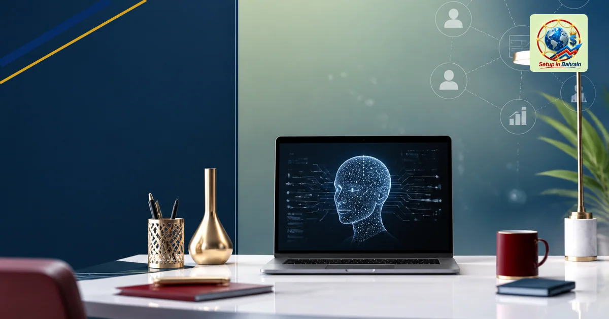 A clean, modern Bahrain business scene featuring an abstract glowing AI presence on a desk, with a navy left information pane