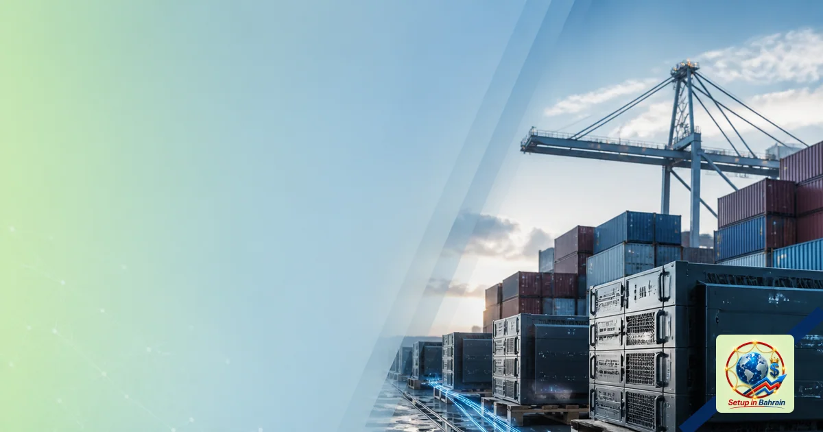 An unbranded editorial scene showing a modern logistics hub with stacked containers and pallets carrying abstract hardware, o