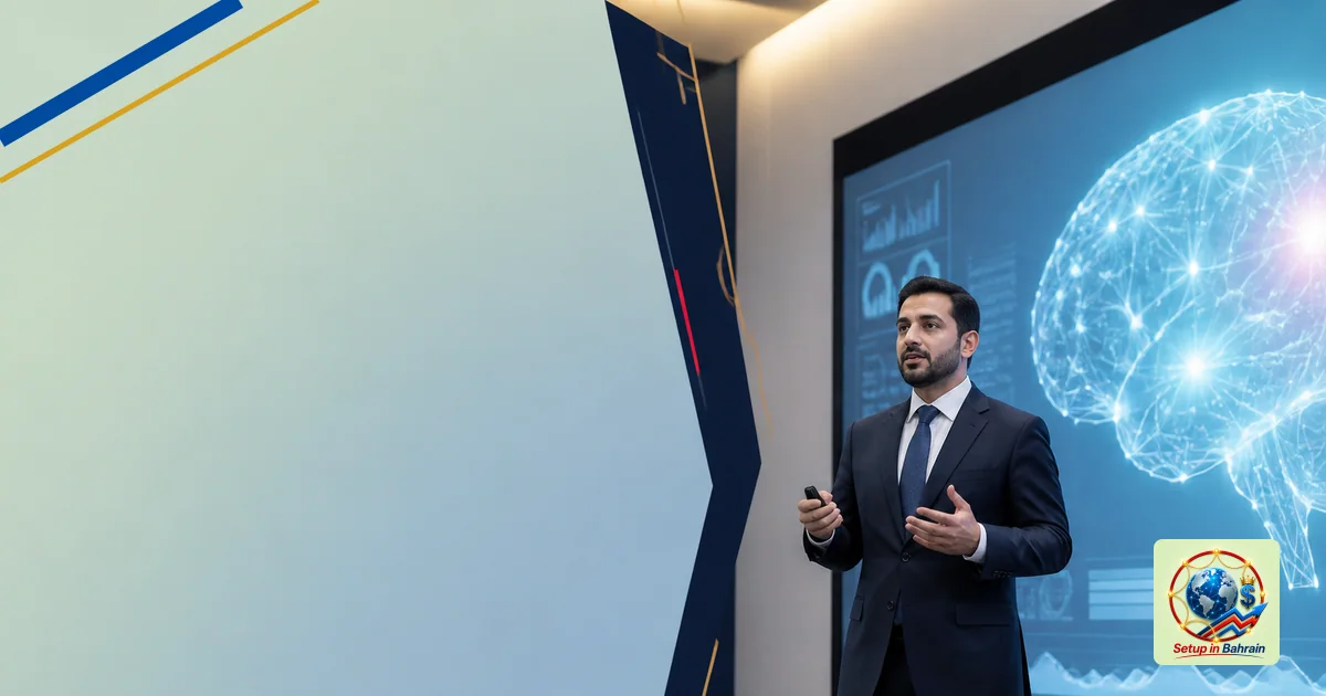 A single business leader studies a large AI demonstration screen in a modern conference setting, with a left neutral informat