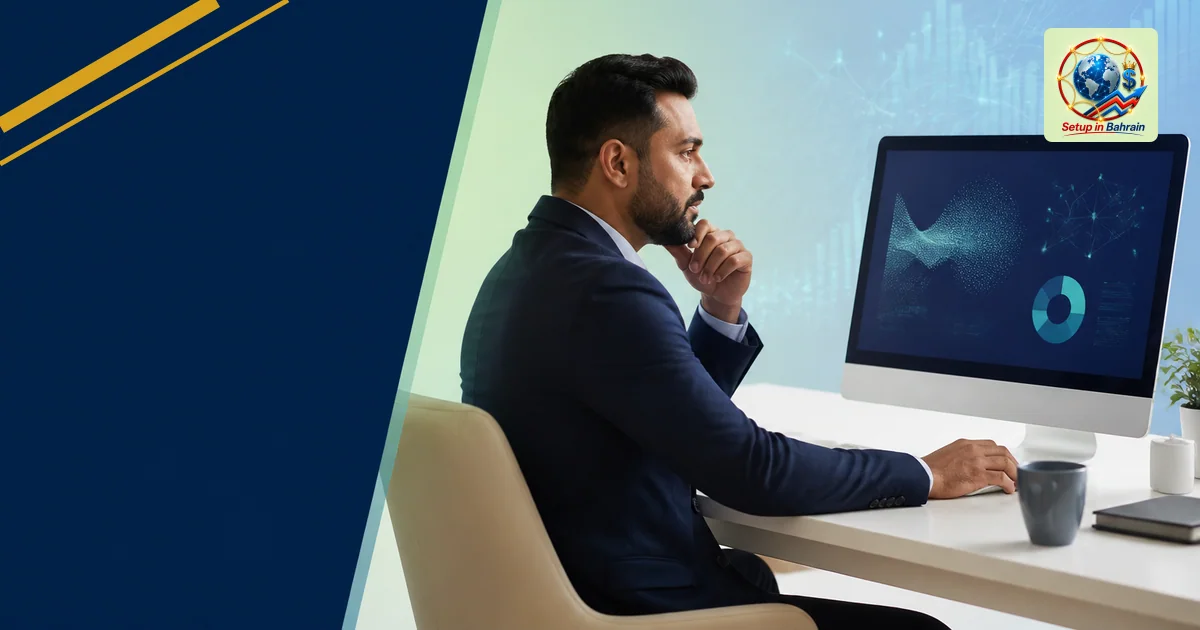 A Bahrain-based business owner seated at a desk in a modern office, watching a computer screen that displays abstract AI-gene