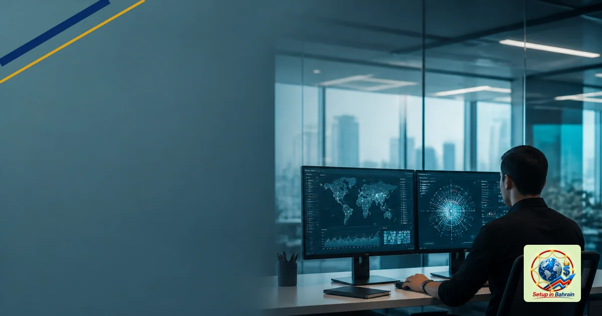 A single cybersecurity analyst station in a modern Bahrain fintech office, with two monitors displaying abstract threat visua
