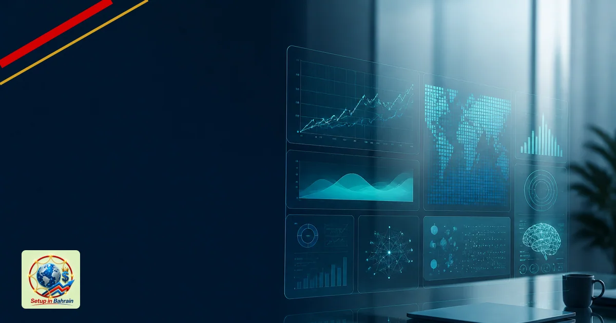Editorial scene of an AI analytics workspace with a glass desk and abstract holographic data screens in cool teal and blue to