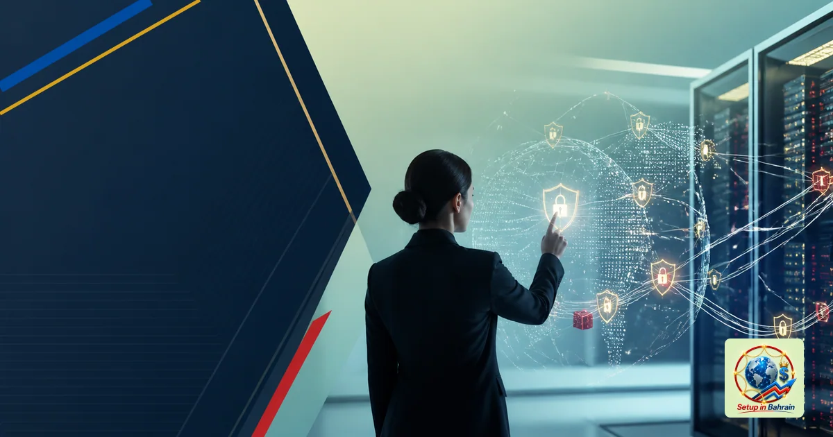 A clean, modern editorial scene with a single non-identifiable professional figure beside a glowing abstract data network, se