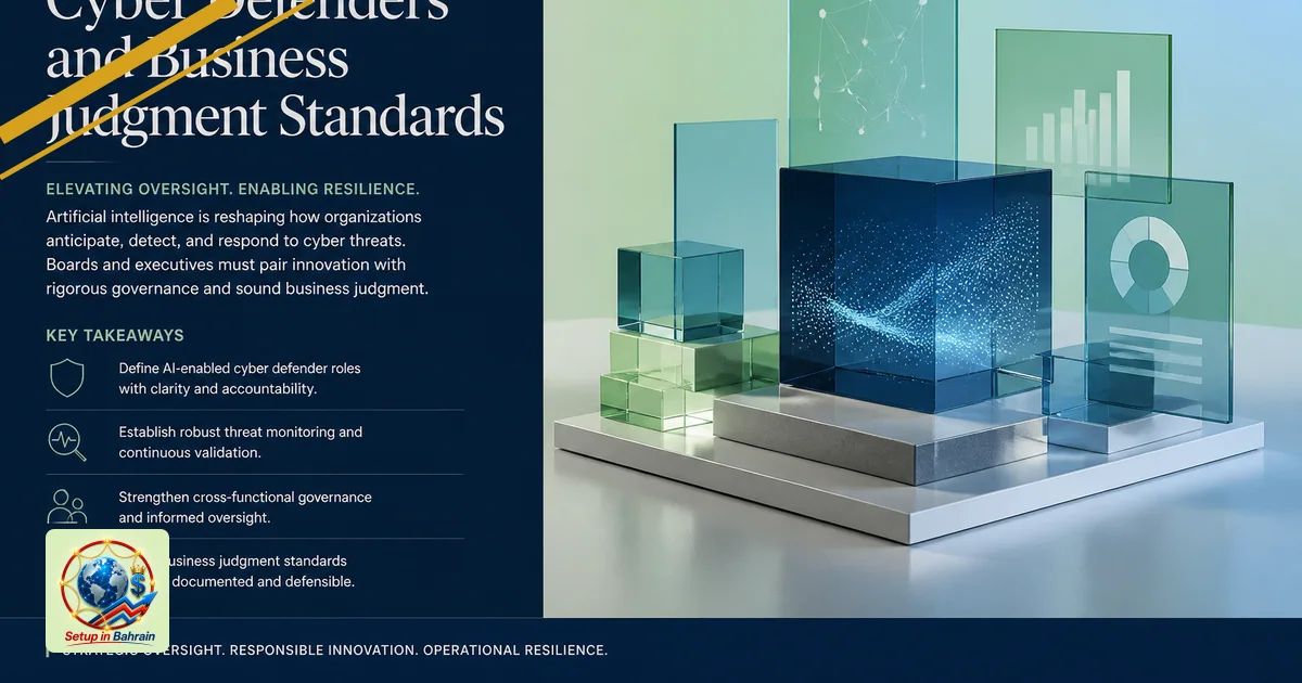 Editorial cover scene with a left navy information panel on a pale green-to-blue backdrop, illustrating AI-enabled cyber defe