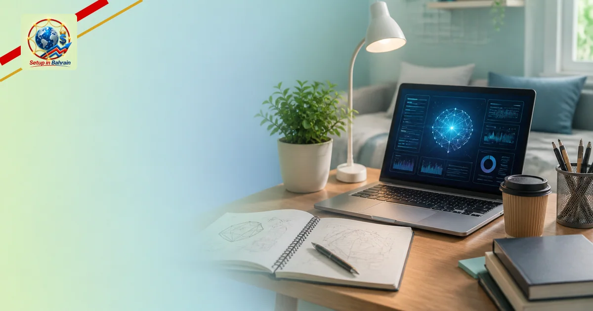 A modern dorm workspace with a single student-focused desk, laptop displaying abstract AI interface elements, notebook with s
