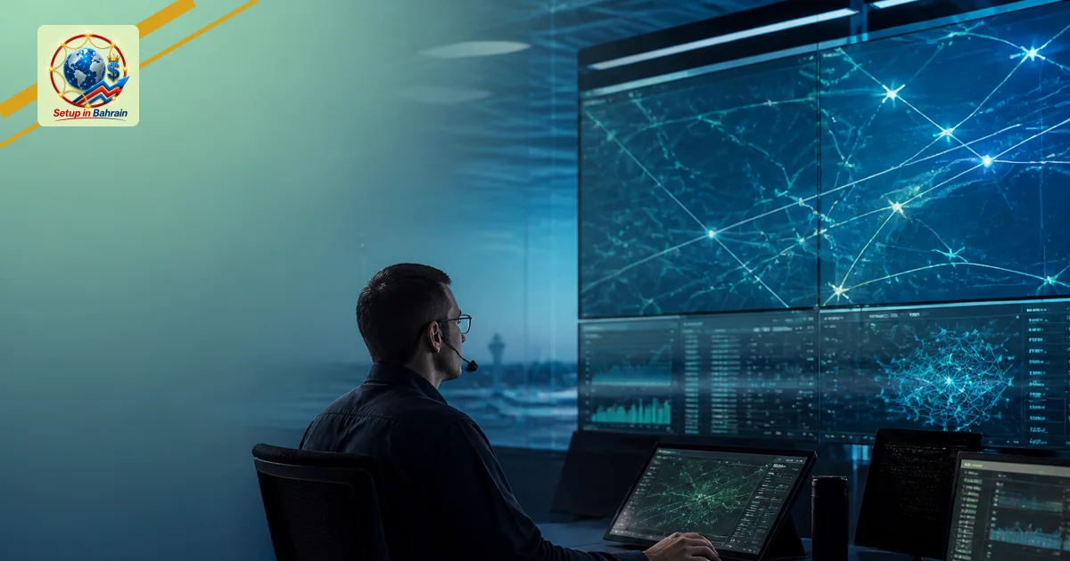 A single air traffic controller silhouette in a modern control room, facing a wall of screens displaying abstract flight-trac