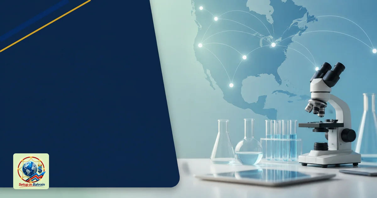 A clean, editorial-style image with a left navy panel for Bahrain business context and a right-side visual showing a stylized