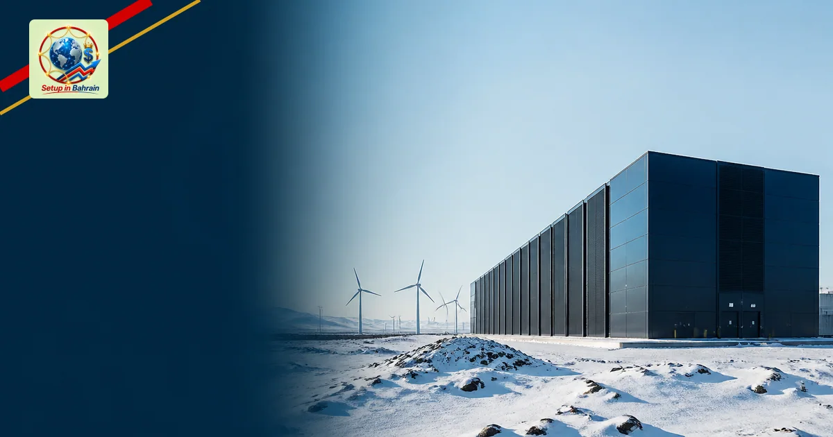 A sleek Nordic-style data center silhouette rises over a snowy landscape with wind turbines in the distance; a spacious left