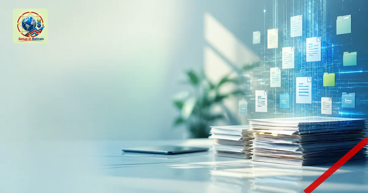 Editorial cover scene showing a modern corporate space with a left navy information panel and a right-side abstract visualiza