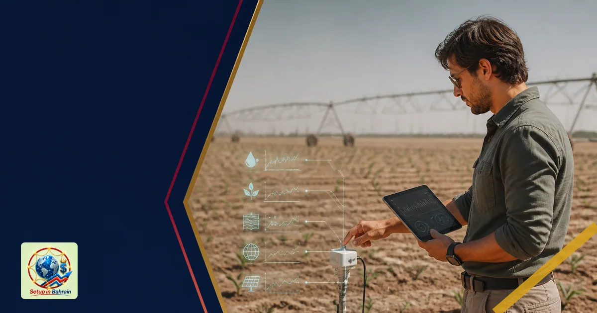 A single researcher examines soil sensors in a sunlit dry field, with translucent data holograms overlaid to symbolize enviro