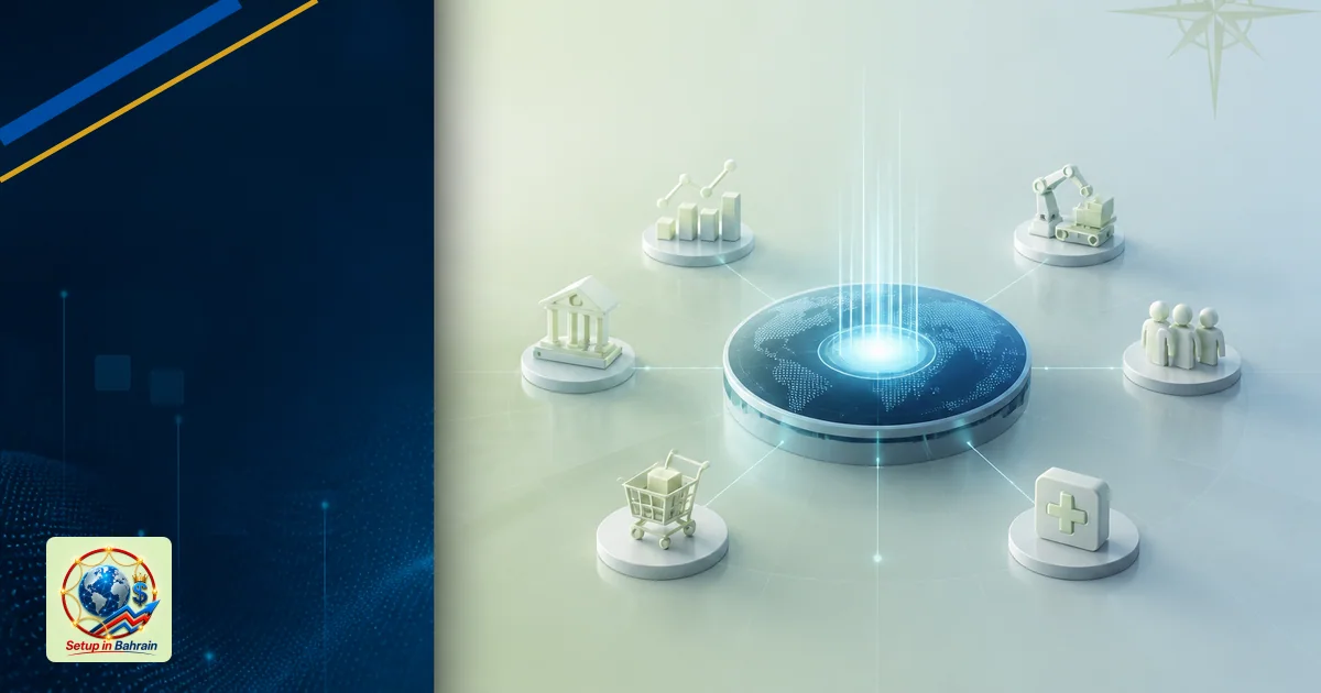An unbranded editorial scene featuring a central glowing AI hub with network connections spanning globally, set against a pal