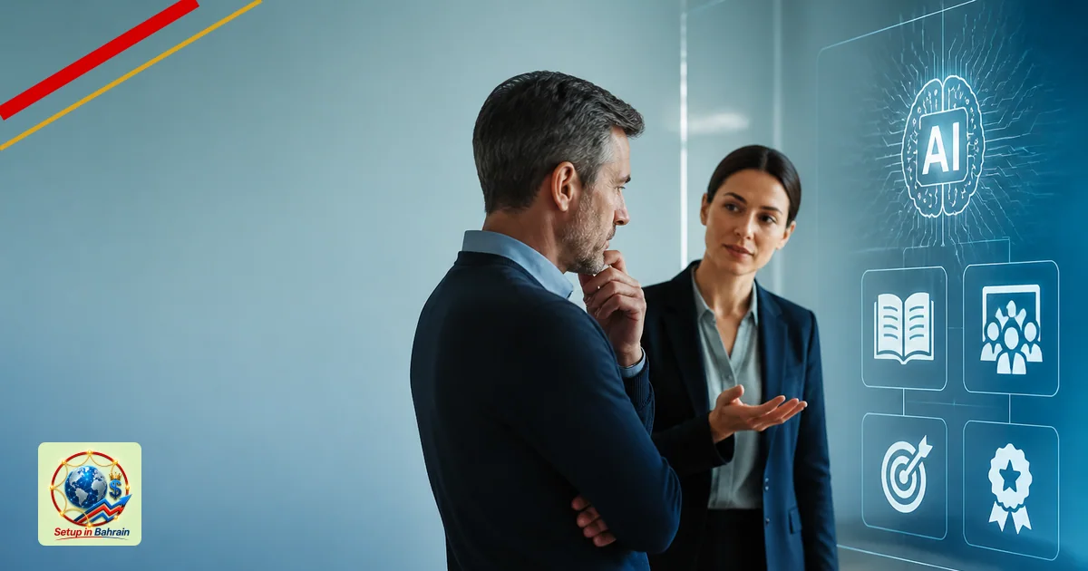 A professional editorial scene showing a mid-career worker facing a glowing AI interface with skill icons, guided by a mentor