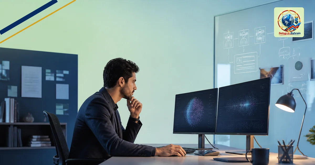 Editorial cover scene showing a lone professional in a modern agency workspace planning with AI data visuals on screens and a
