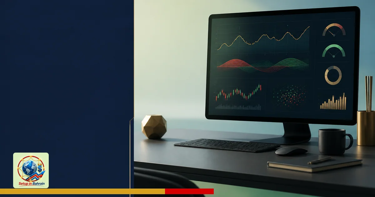 Editorial cover scene: a single-workstation fintech setup with a left navy information panel and a right-side display showing
