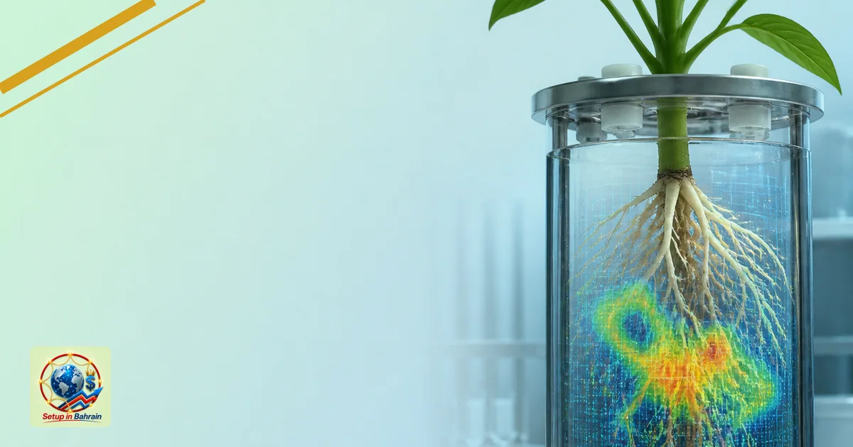 Close-up view of a plant root system in a transparent growth container with a soft blue-green laboratory backdrop. An abstrac